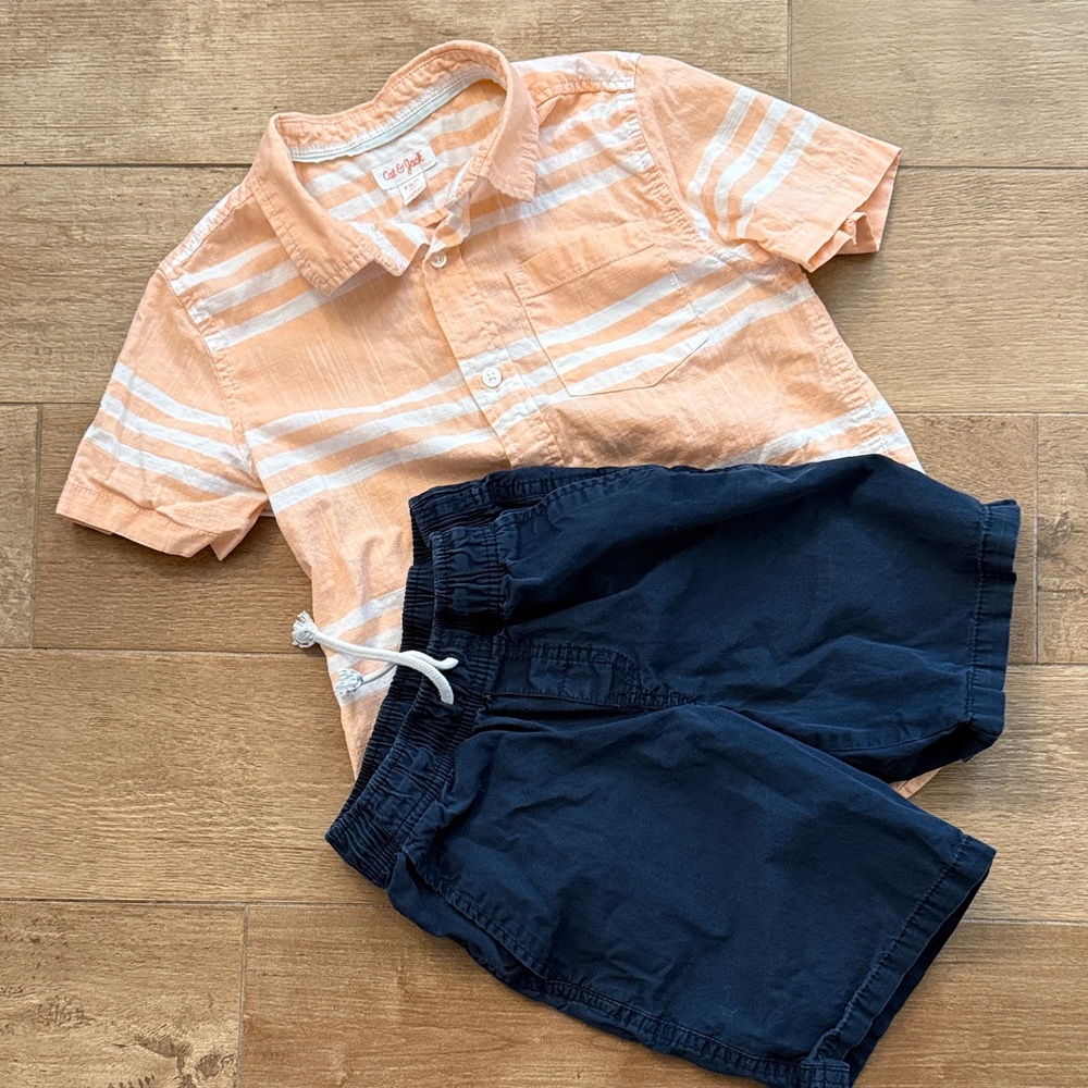 Cat & Jack Peach Striped Shirt and Dark Blue Shorts Set